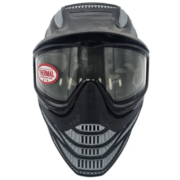 Black paintball mask with thermal lens.