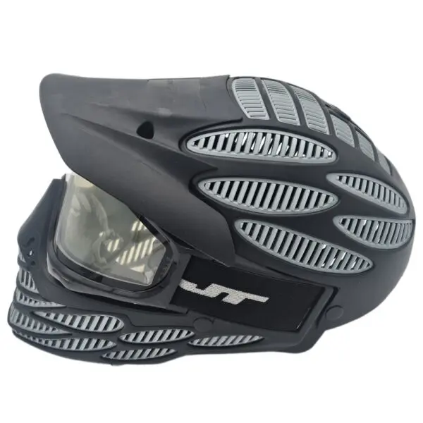 Black paintball mask with grey accents.