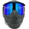 Black paintball mask with blue mirrored lens.