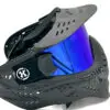 Black paintball mask with blue lens.