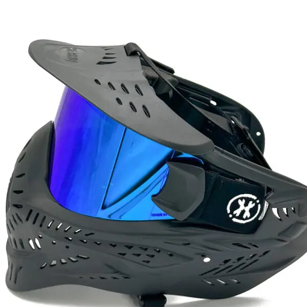Black paintball mask with blue lens