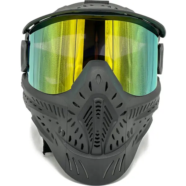 Black paintball mask with mirrored visor.