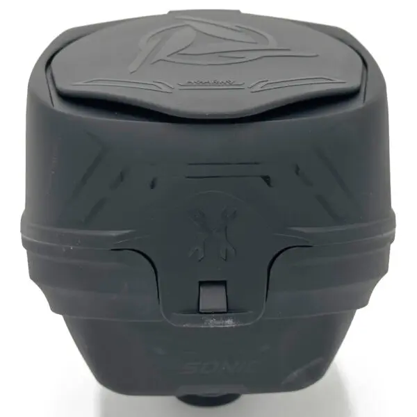 Black paintball hopper with a lid.