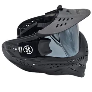 Black paintball mask with mirrored lens.