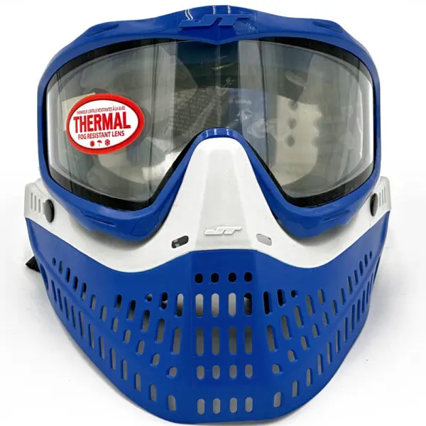 Blue and white paintball mask with thermal lens.