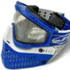 Blue and white paintball mask with clear lens.