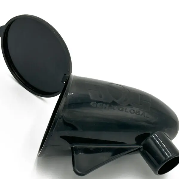 A black plastic object with a round hole in it.