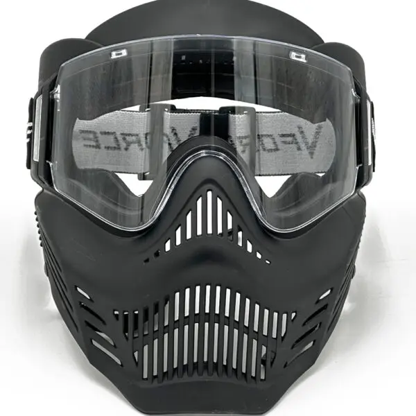 Black paintball mask with clear lens.