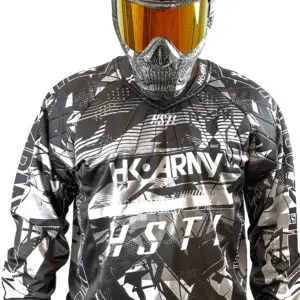 Black and white paintball jersey with mask.