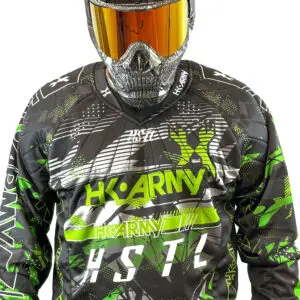Black and green paintball jersey with mask.