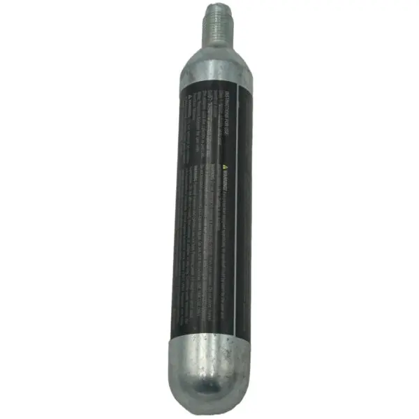Silver CO2 paintball cylinder.