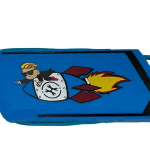 Blue rocket keychain with cartoon man.