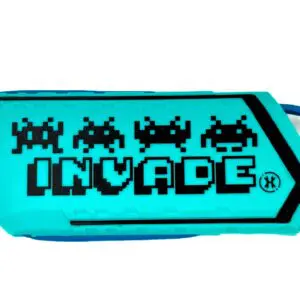 Blue and black 'Invade' keychain with space invaders.