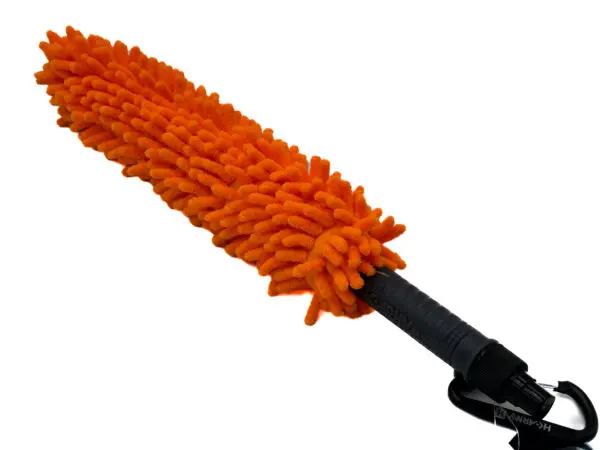 Orange microfiber duster with carabiner clip.