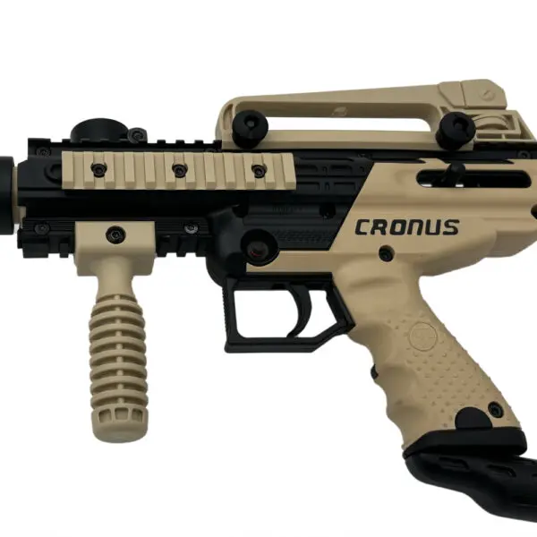 Tan and black Cronus paintball marker.