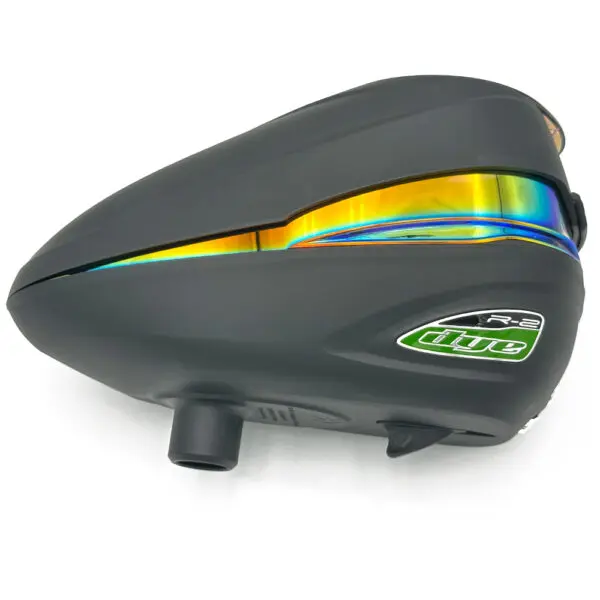 Dye R2 paintball hopper with iridescent trim.