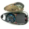 Camouflaged paintball hopper with a fan.