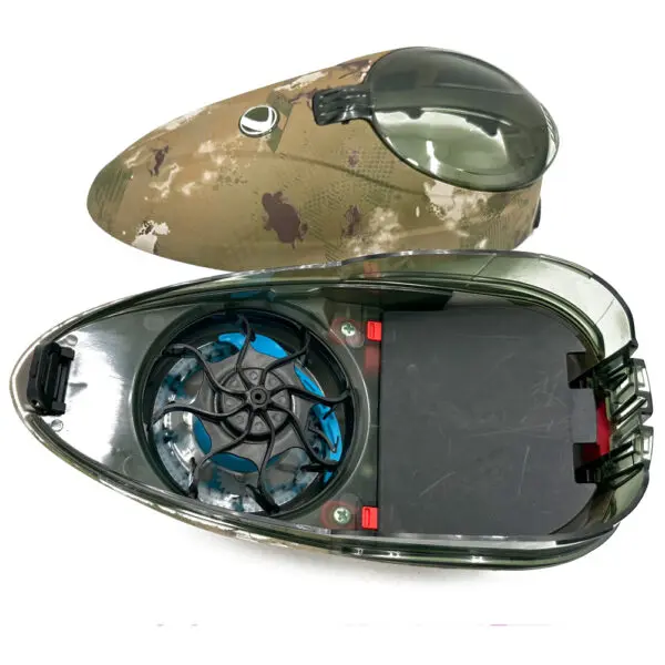 Camouflaged paintball hopper with a fan.
