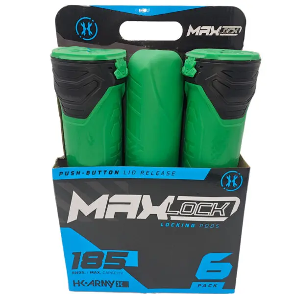 Six green MaxLock paintball pods.
