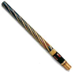 Gold and blue paintball barrel with red accents.