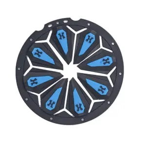 Black and blue paintball barrel tip.