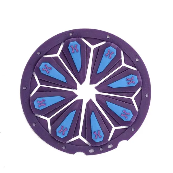 Purple and blue circular object with symbols.