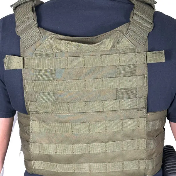 Green tactical vest with molle webbing.