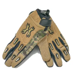 Pair of tan and camo tactical gloves.
