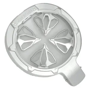 Silver metal disc with geometric design.