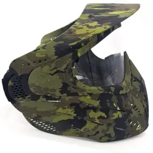 Camouflage paintball mask with visor.