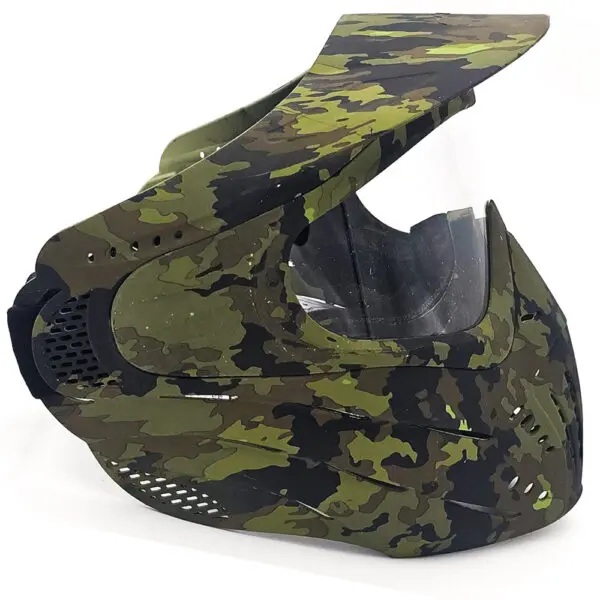 Camouflage paintball mask with visor.