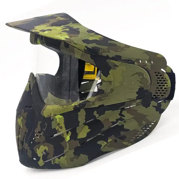 Camouflage paintball mask with visor.