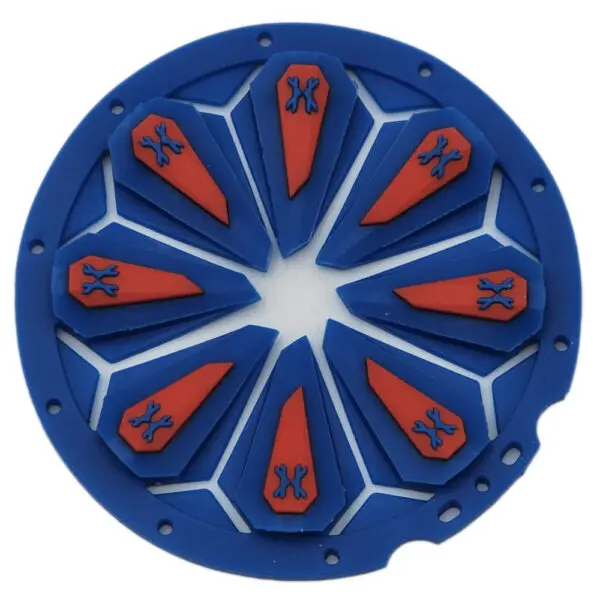 Blue circular shield with red coffin symbols.