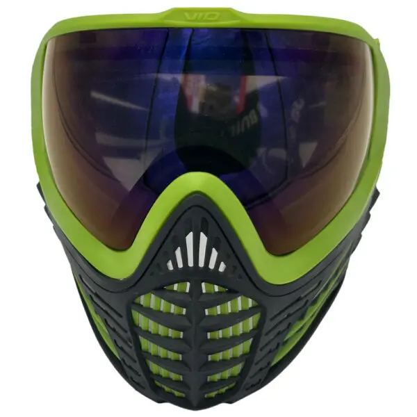 Lime green paintball mask with thermal lens.