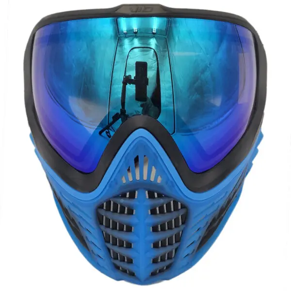 Blue paintball mask with mirrored lens.