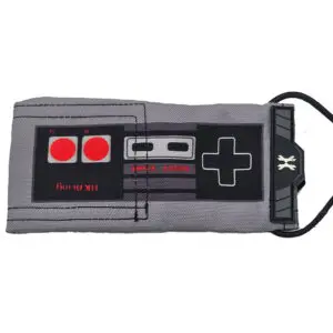 Here's an alt tag for the image: NES controller-style gray pouch.