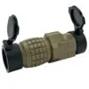 Here's an alt tag for the image: Tan tactical rifle scope with lens caps.
