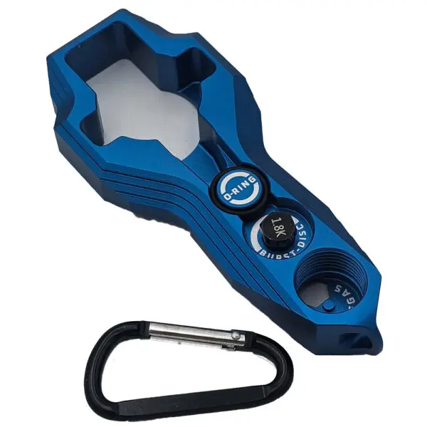 Blue burst disc gas key with carabiner.
