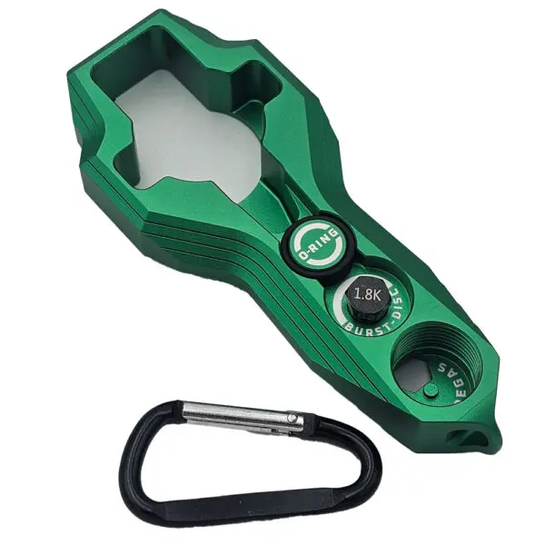 Green disc golf burst tool with carabiner.