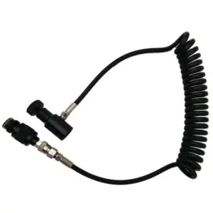 Coiled black air hose with connectors.