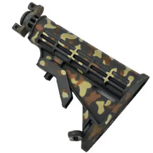 Camouflaged AR-15 stock assembly.