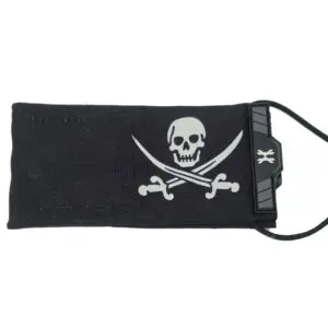 Black pouch with skull and crossbones.