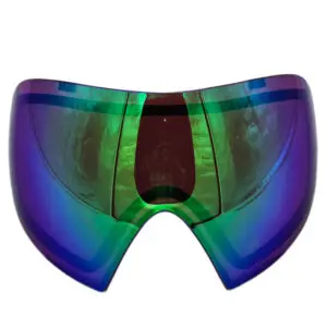 Here's an alt tag for the image: Rainbow iridescent paintball goggles.