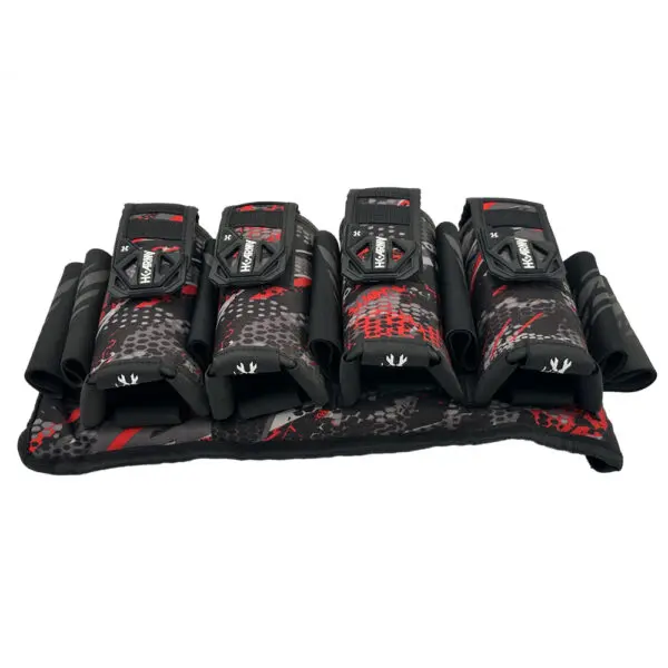 Red and black four-pod paintball harness.