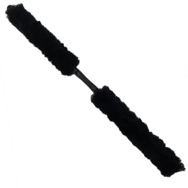 Black fur shoulder strap detail.
