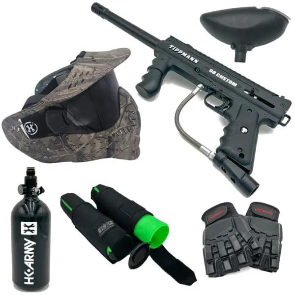 Paintball gun, mask, gloves, and tank.