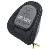 Black Exalt goggle case with green zipper.