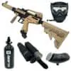 Tan paintball gun, mask, and accessories.