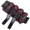 Black and red tactical gear with logos.