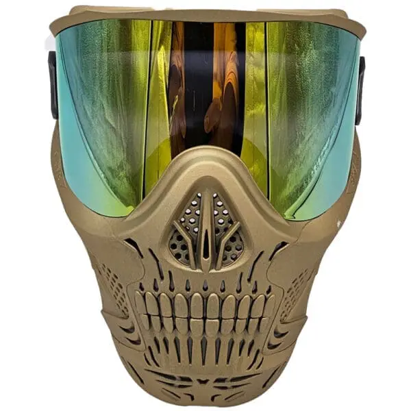Skull-themed paintball mask with reflective visor.